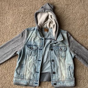 American eagle jean jacket with sweater hoodie and sleeves